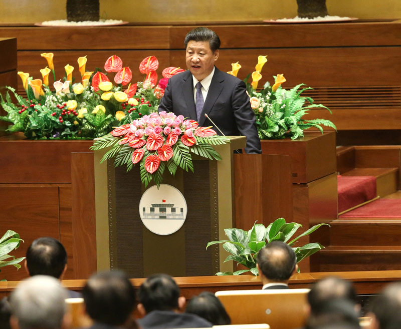 11月6日，中共中央總書記、國家主席習近平在越南國會發表題為《共同譜寫中越友好新篇章》的重要演講。新華社記者 龐興雷 攝