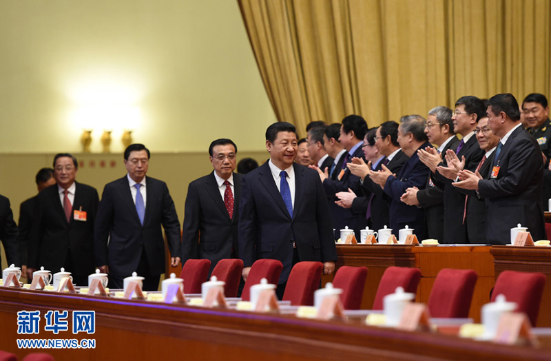 3月13日，中國(guó)人民政治協(xié)商會(huì)議第十二屆全國(guó)委員會(huì)第三次會(huì)議在北京閉幕。這是習(xí)近平、李克強(qiáng)、張德江、俞正聲、劉雲(yún)山、王岐山、張高麗等步入會(huì)場(chǎng)。     新華社記者李學(xué)仁攝