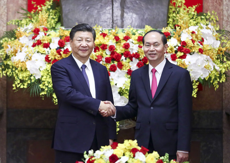 11月13日，中共中央總書記、國家主席習近平在河內主席府同越南國家主席陳大光舉行會談。 新華社記者 謝環馳 攝