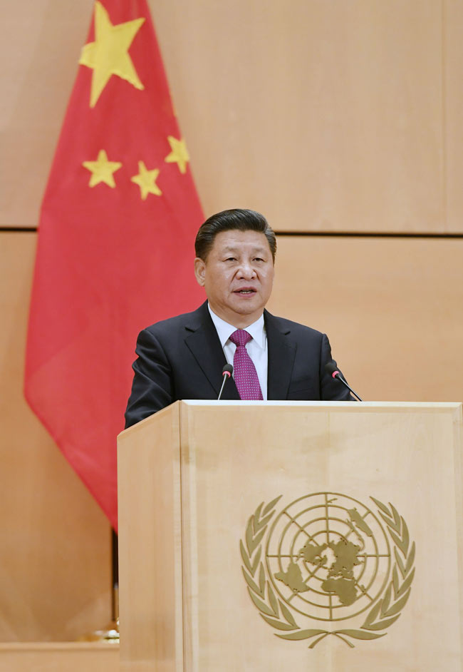 1月18日，國家主席習近平在瑞士日內瓦萬國宮出席“共商共筑人類命運共同體”高級別會議，並發表題為《共同構建人類命運共同體》的主旨演講。新華社記者 饒愛民 攝