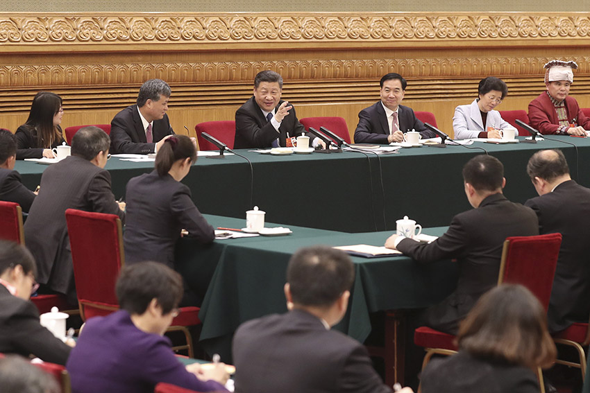 3月7日，中共中央總書記、國家主席、中央軍委主席習近平參加十三屆全國人大一次會議廣東代表團的審議。 新華社發（盛佳鵬 攝）