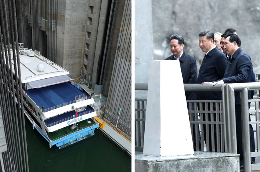 4月24日下午，中共中央總書記、國家主席、中央軍委主席習(xí)近平來到三峽大壩，詳細(xì)了解三峽工程建設(shè)、發(fā)電、水利、通航、生態(tài)保護(hù)等方面的情況。這是習(xí)近平在察看升船機(jī)運(yùn)行情況（拼版照片）。新華社記者 龐興雷 攝