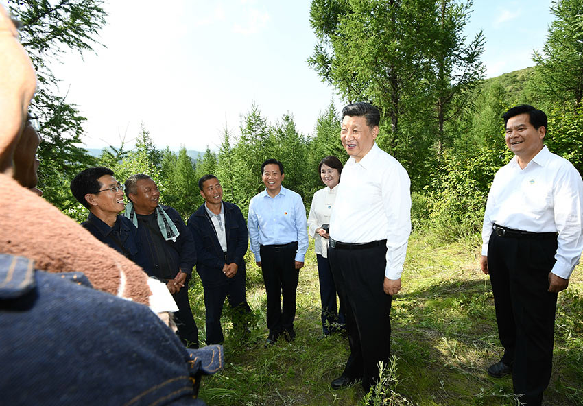 7月15日，中共中央總書記、國家主席、中央軍委主席習近平赴內蒙古自治區考察調研。這是習近平在赤峰市喀喇沁旗馬鞍山林場了解生態文明建設情況。 新華社記者 謝環馳 攝