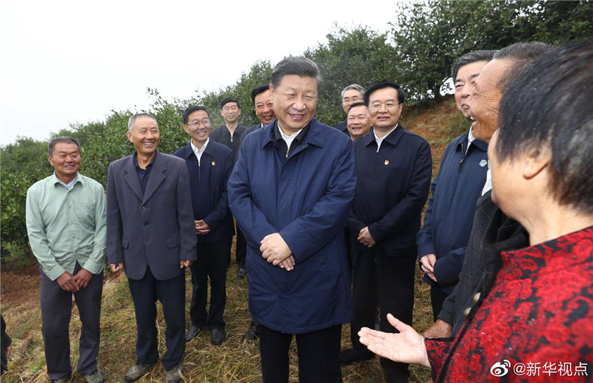 9月17日，中共中央總書記、國家主席、中央軍委主席習近平前往河南省光山縣司馬光油茶園和文殊鄉東岳村，考察調研當地脫貧攻堅工作成效和中辦在光山縣扶貧工作情況，看望慰問老區群眾。這是習近平在司馬光油茶園同農民親切交流。 新華社記者 鞠鵬 攝