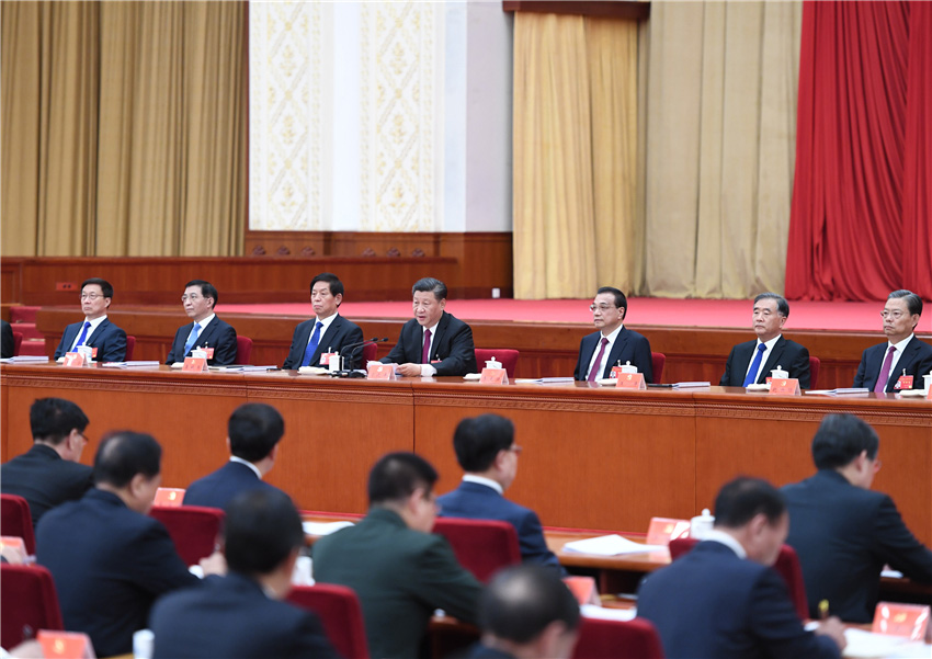 中國共產黨第十九屆中央委員會第四次全體會議，於2019年10月28日至31日在北京舉行。這是習近平、李克強、栗戰書、汪洋、王滬寧、趙樂際、韓正等在主席臺上。 新華社記者 張領 攝