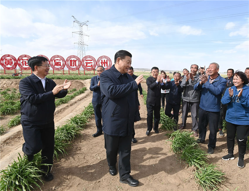 5月11日下午，正在山西考察的習近平總書記來到大同市雲州區有機黃花標準化種植基地，步入田間察看黃花長勢，同正在勞作的村民親切交談。（攝影記者：李學仁、謝環馳、劉彬）