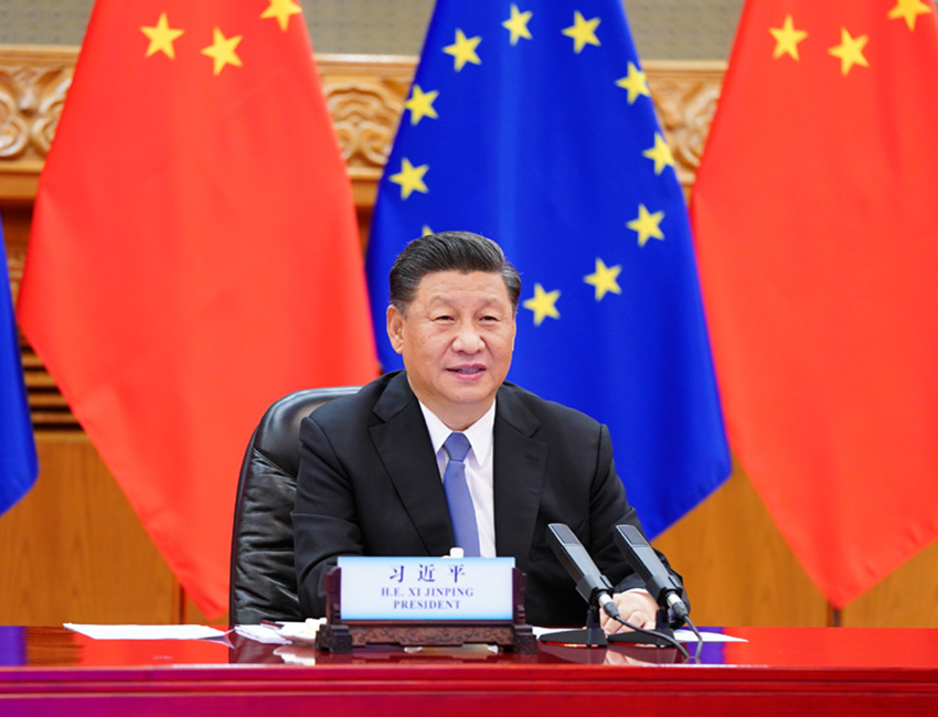 6月22日晚，國家主席習(xí)近平在北京以視頻方式會見歐洲理事會主席米歇爾和歐盟委員會主席馮德萊恩。 新華社記者 謝環(huán)馳 攝