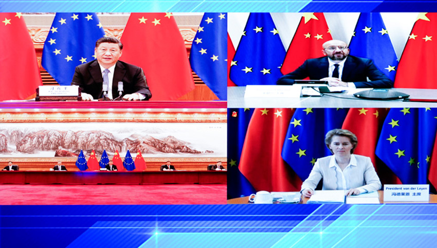 6月22日晚，國家主席習近平在北京以視頻方式會見歐洲理事會主席米歇爾和歐盟委員會主席馮德萊恩。 新華社記者 燕雁 攝