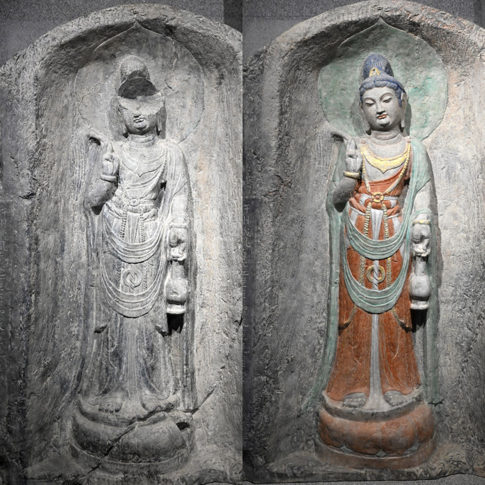 左圖為龍門石窟萬佛洞窟前南壁菩薩造像的3D打印模型﹔右圖為利用數(shù)字化技術(shù)復(fù)原后的3D打印模型（2025年4月10日攝，拼版照片）。復(fù)原后的像龕精妙絕倫，栩栩如生，被游客譽為“龍門最美菩薩”。圖片來源新華社